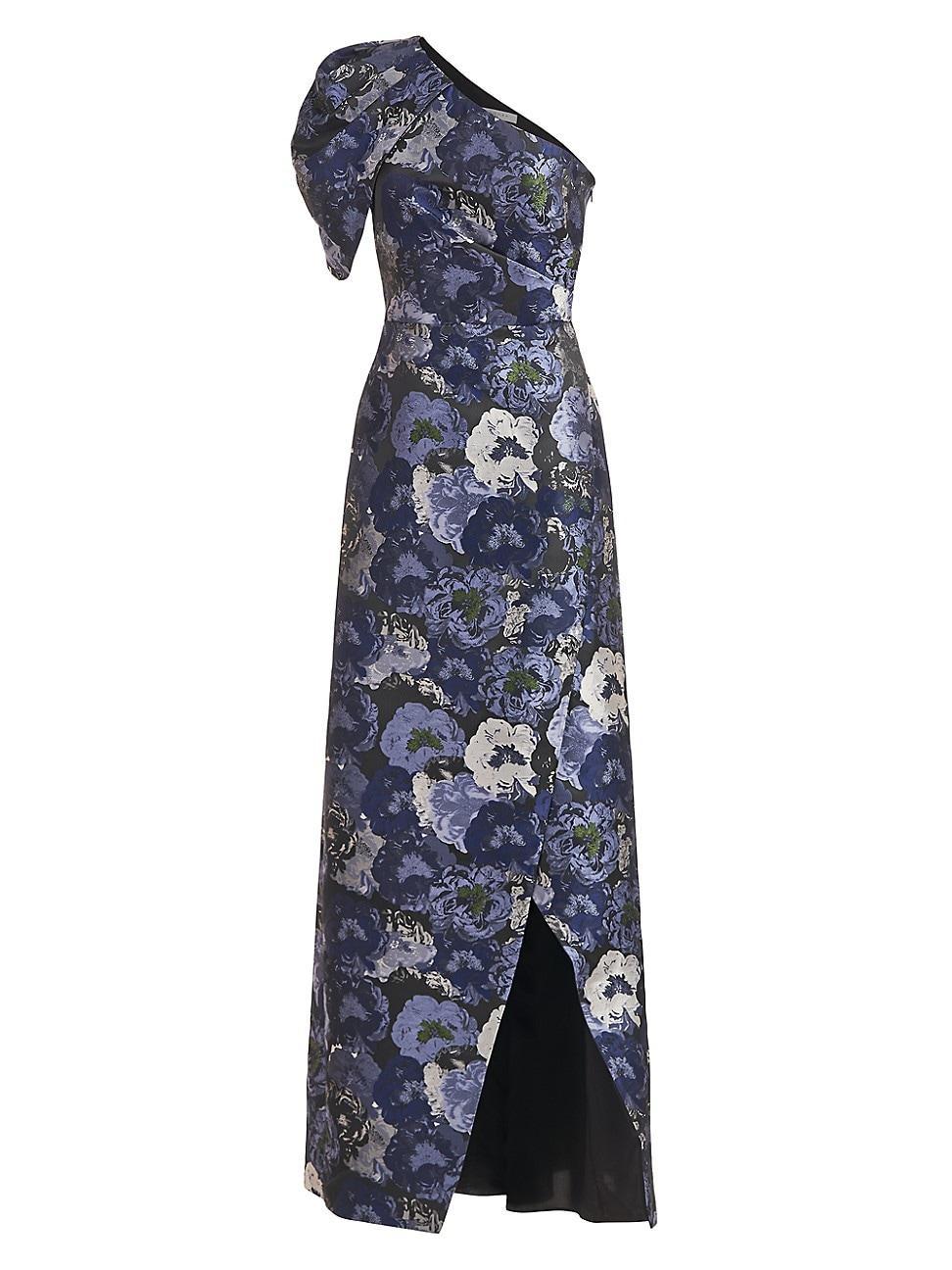 Kay Unger Floral Jacquard One Shoulder Drape Puff Sleeve Gown Product Image