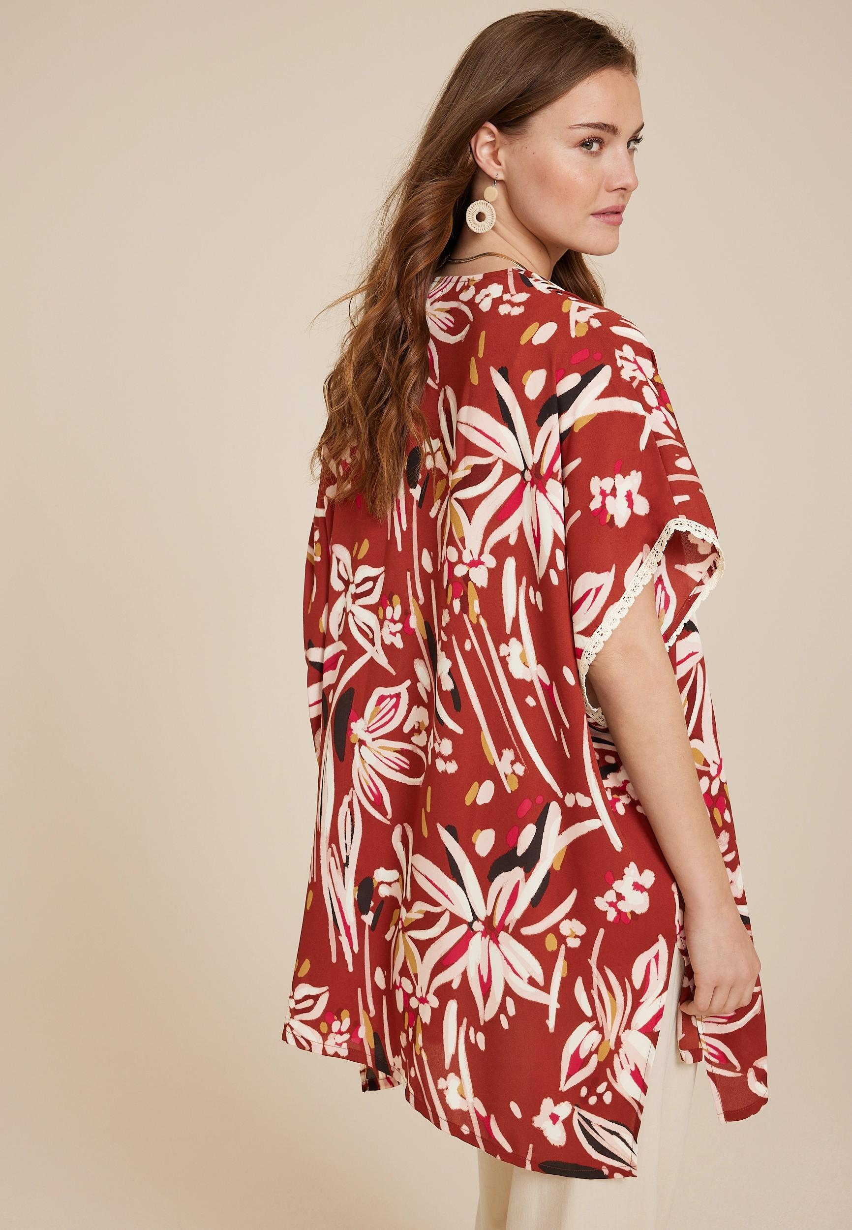 Printed Lace Trim Kimono Product Image