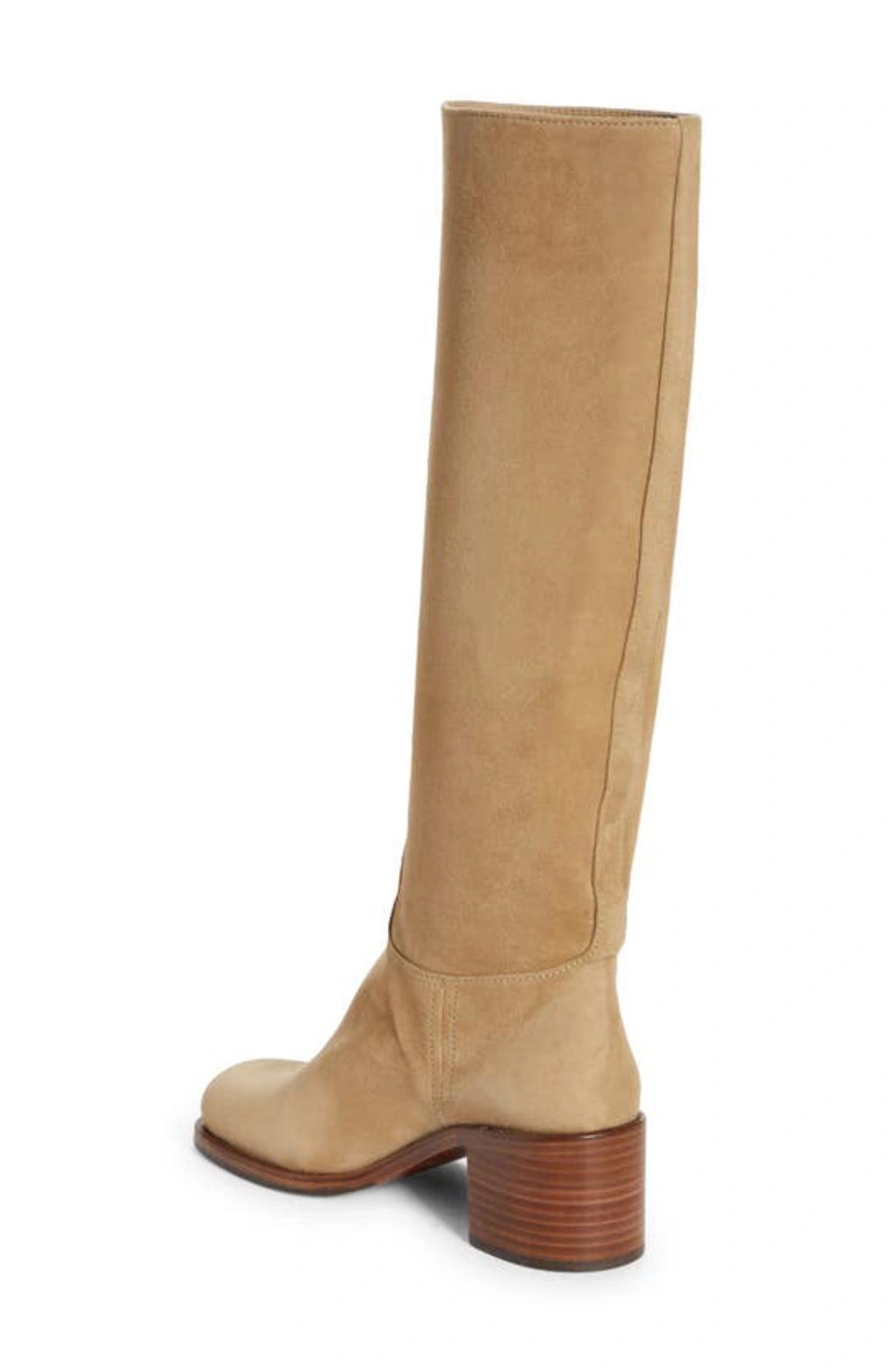 Suede Block-heel Knee Boots In Ecru Product Image