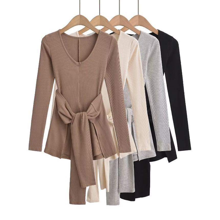 Set: Long-Sleeve V-Neck Plain Ribbed Half-Zip Romper + Mini Wrap Skirt Product Image