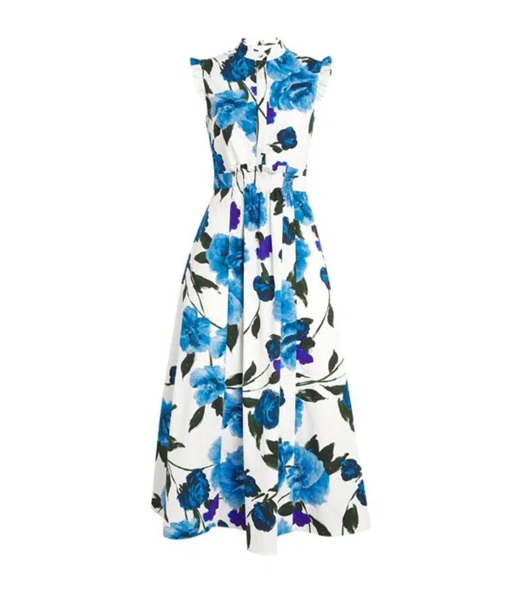 Ruffled Shirred Floral-print Cotton-poplin Midi Dress In White And Blue product image