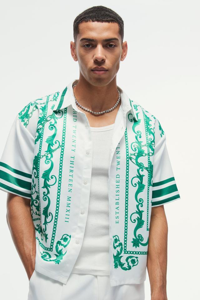 Oversized Satin Border Print Boxy Shirt | boohooMAN USA Product Image