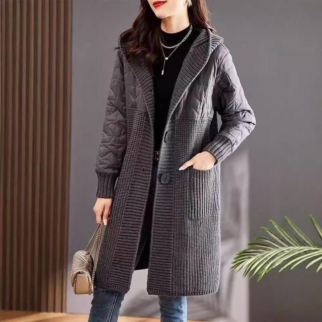 Hooded Plain Quilted Panel Long Cardigan Product Image