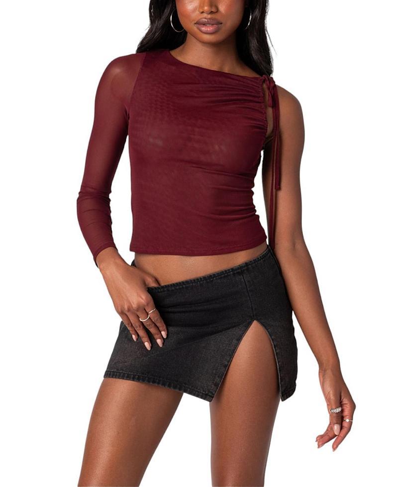 EDIKTED Jupiter Asymmetric Mesh Sleeve Top Product Image