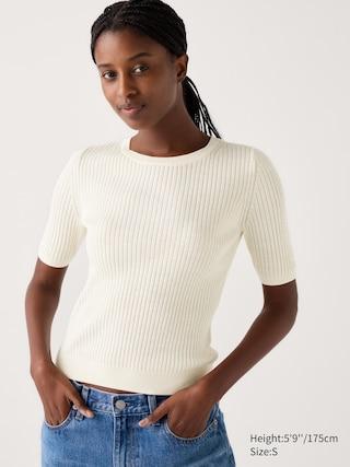 Womens Merino Ribbed Crew Neck Half Sleeve Sweater Off White Large UNIQLO US Product Image