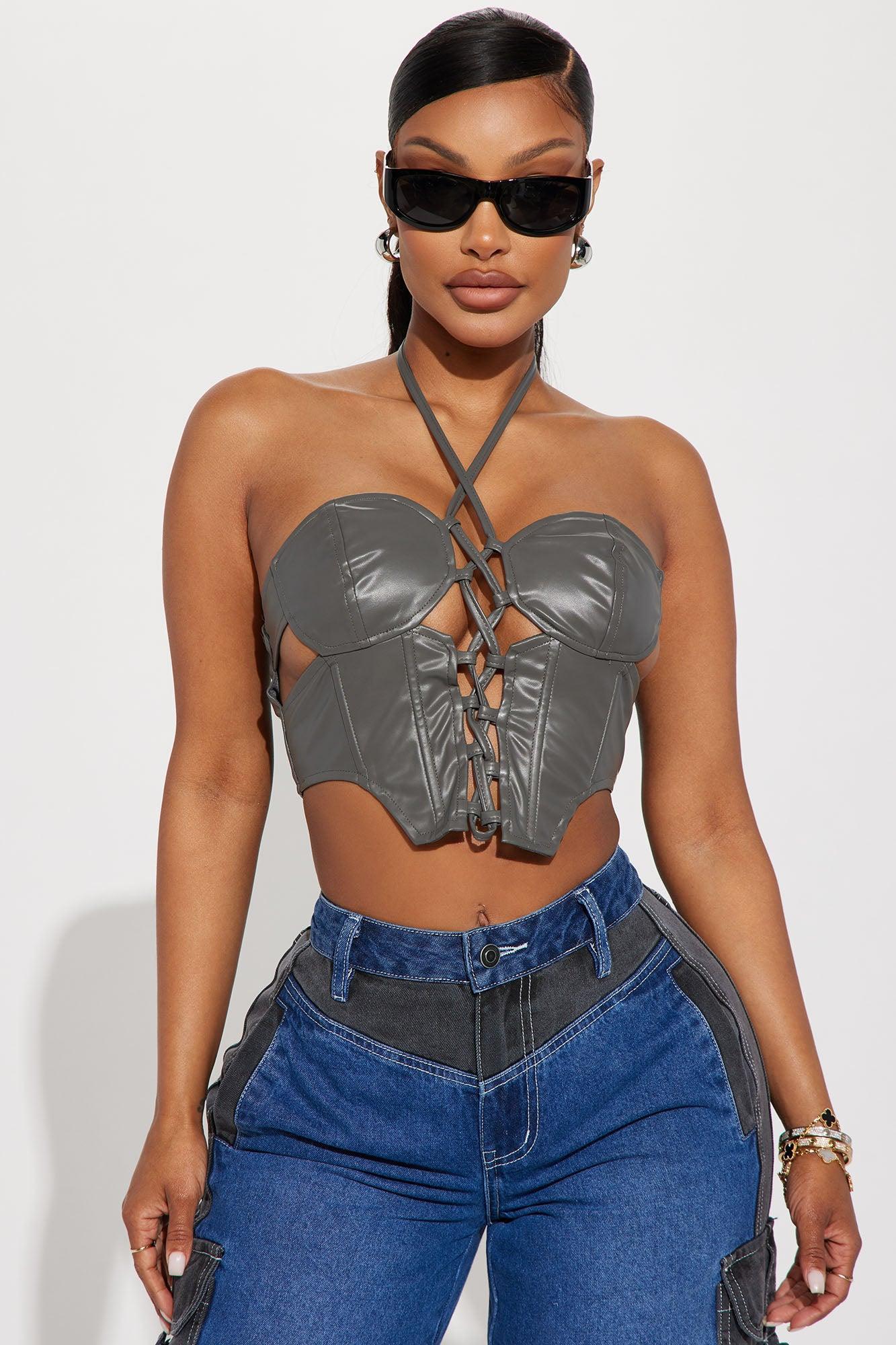 Link With Me Faux Leather Halter Top - Charcoal Product Image