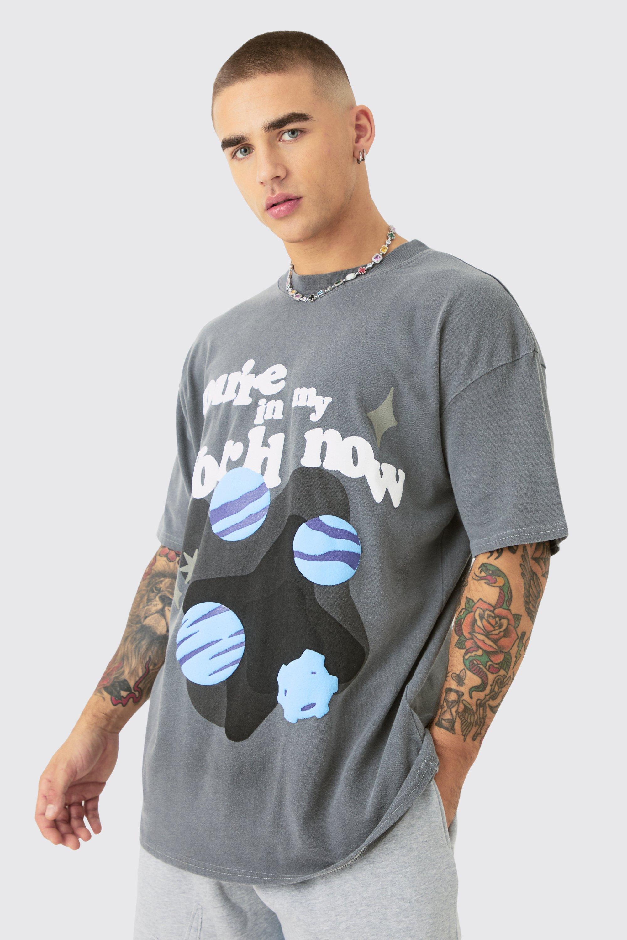 Oversized Washed Space Puff Print T-shirt | boohooMAN USA Product Image