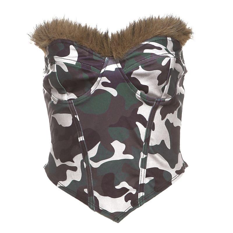 Faux Fur Trim Camouflage Tube Top Product Image