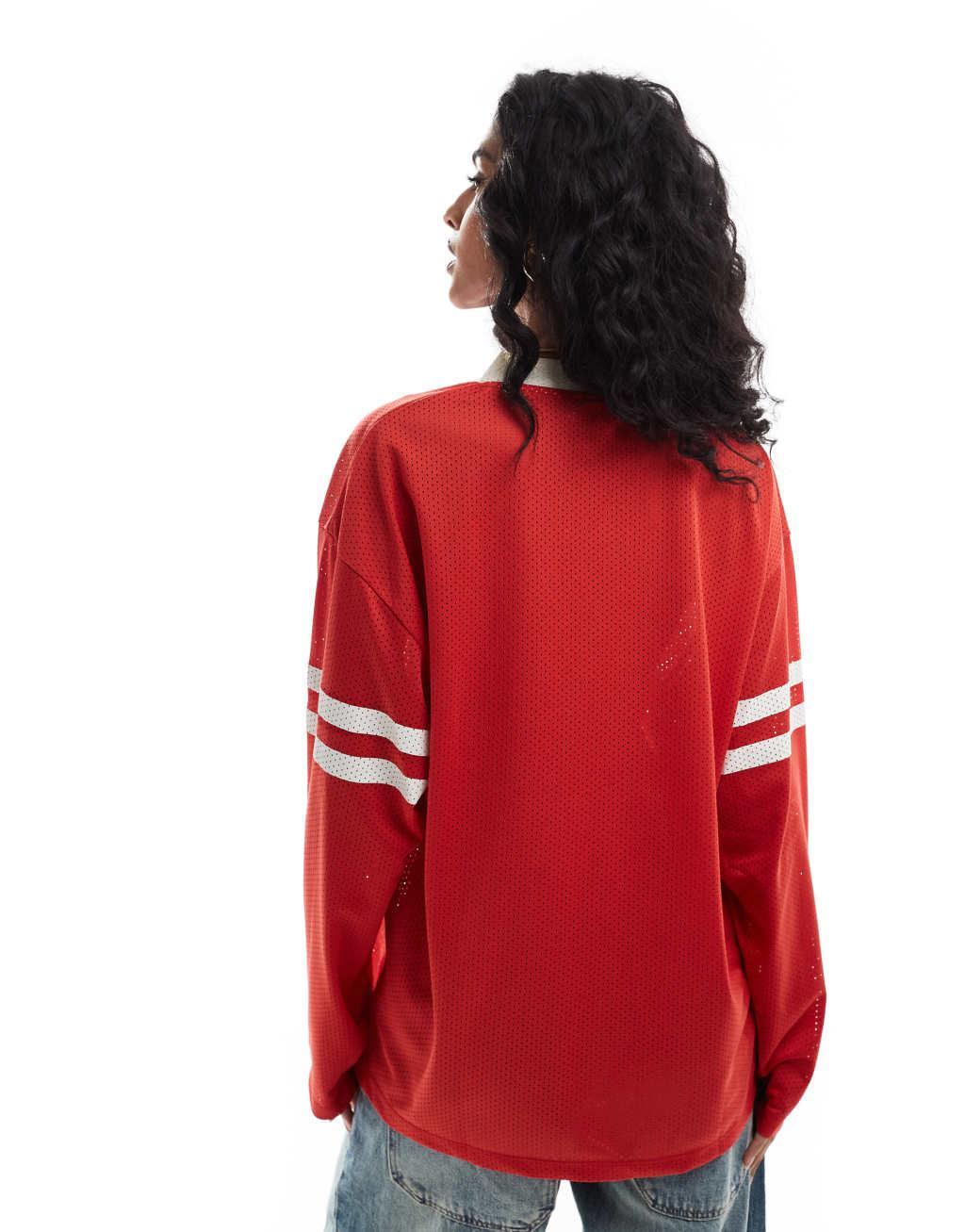 ASOS DESIGN V neck sweat with boston sports graphic in red Product Image