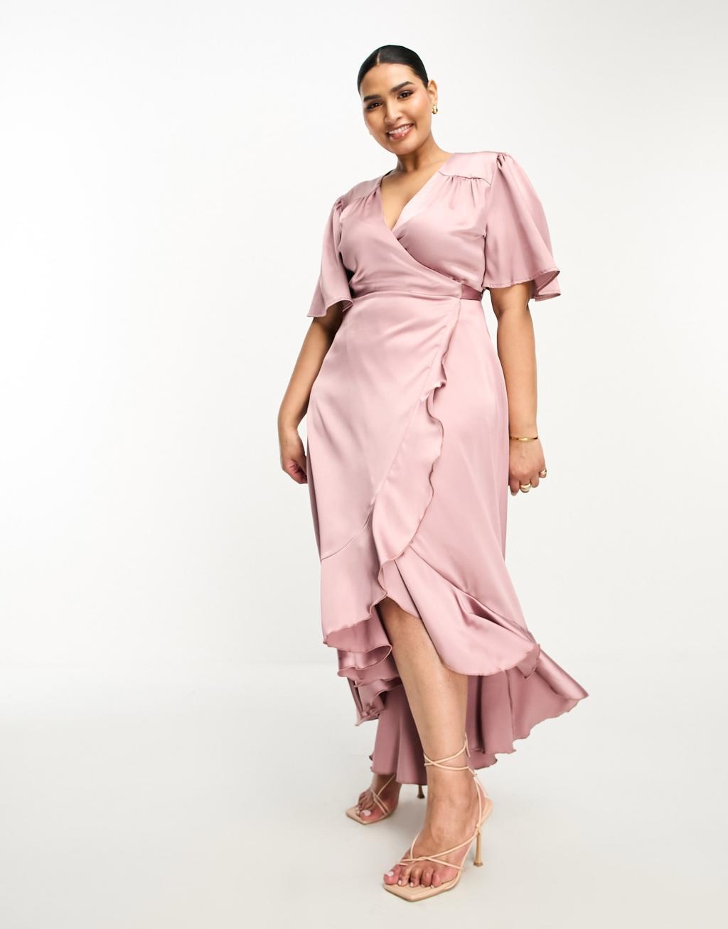 Flounce London Plus wrap front satin midi dress with flutter sleeves in heather rose Product Image