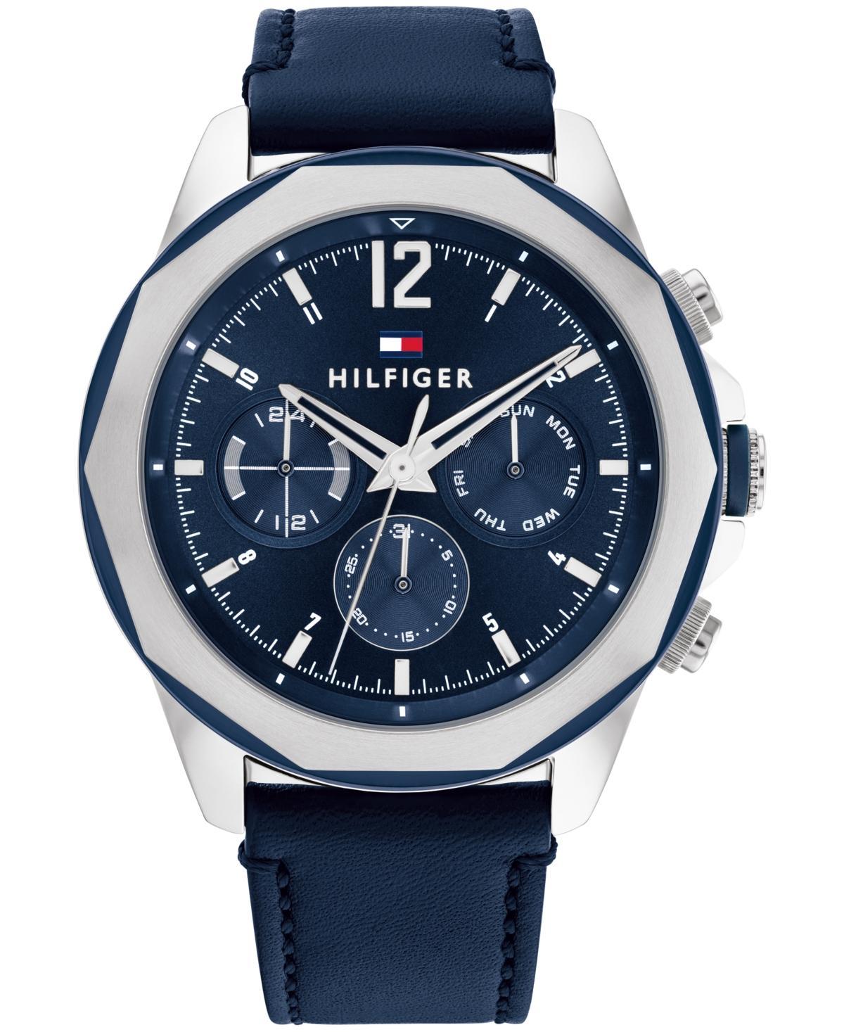 Tommy Hilfiger Mens Multifunction Navy Blue Leather Strap Watch 46mm Product Image