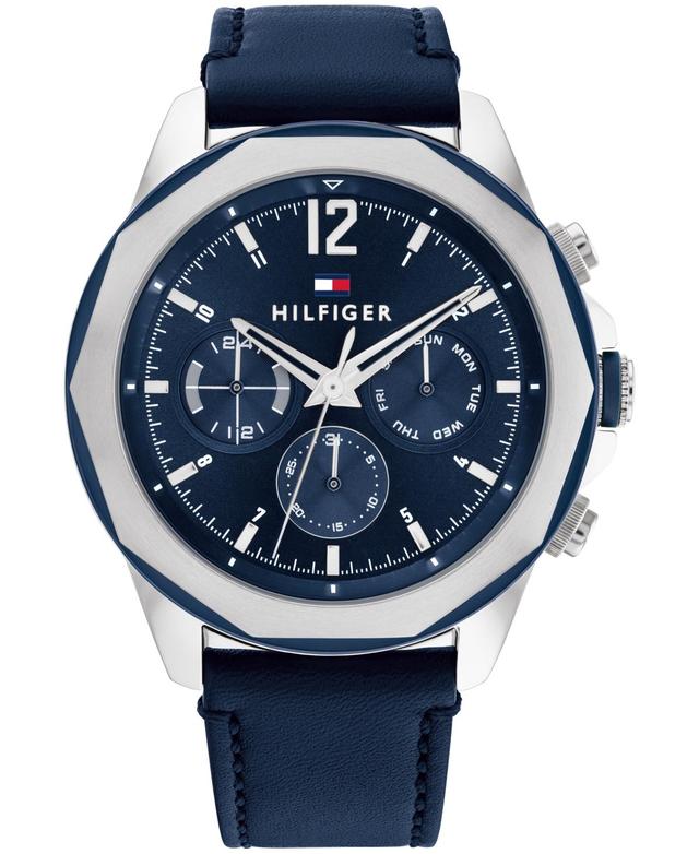 Tommy Hilfiger Mens Multifunction Navy Blue Leather Strap Watch 46mm Product Image