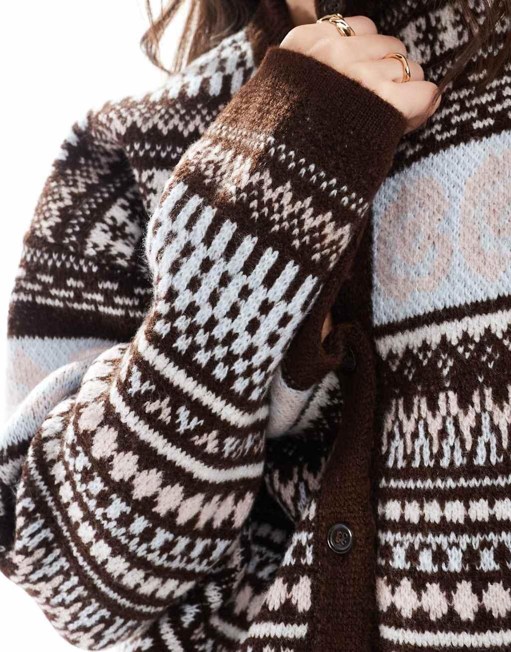 ASOS DESIGN fluffy knit Fair Isle cardigan in brown Product Image