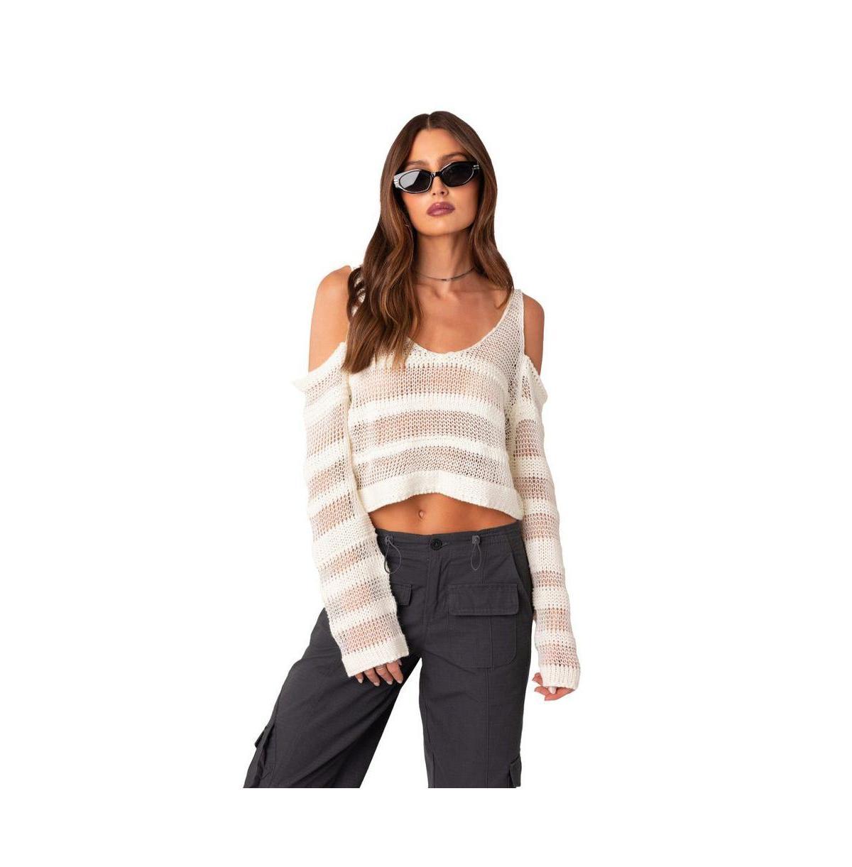 EDIKTED Open Stitch Cold Shoulder Cotton Sweater in White at Nordstrom, Size X-Large Product Image