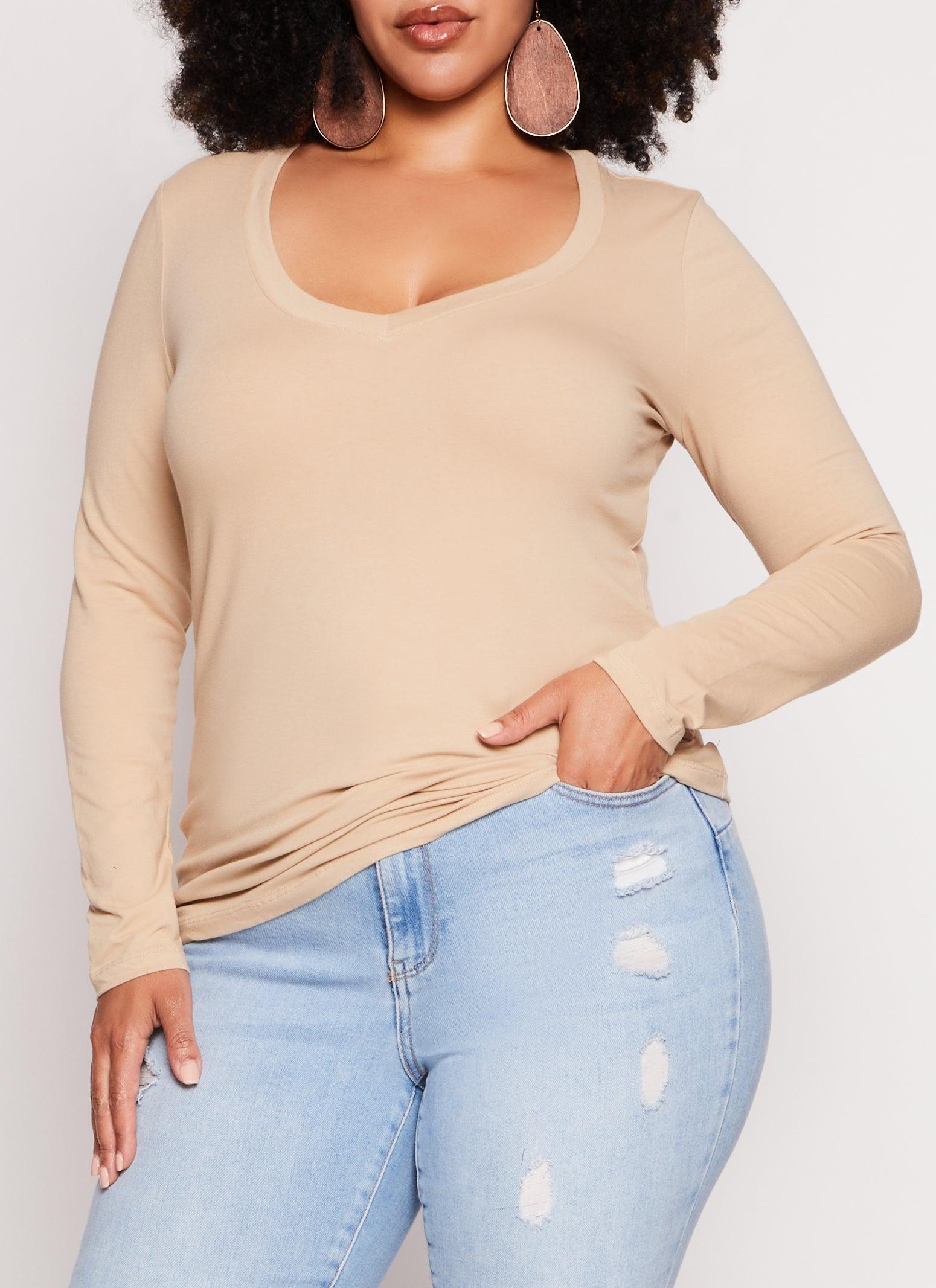 Womens Plus Size Basic Long Sleeve V Neck Tee Product Image