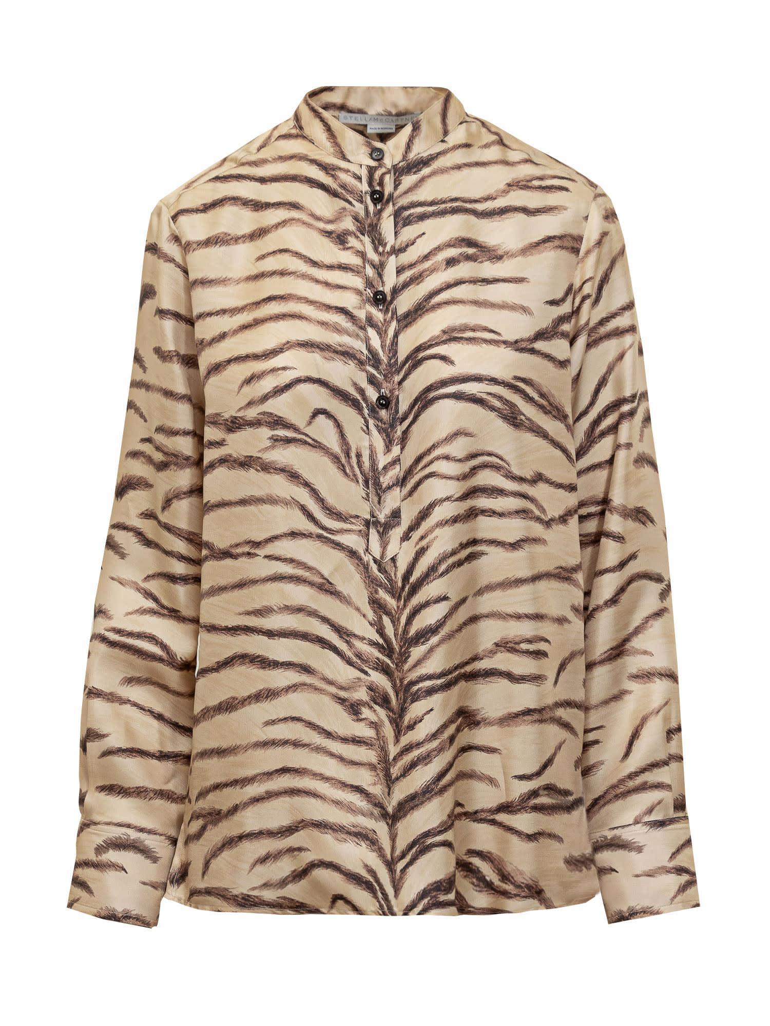 Tiger-print Silk Pajama Shirt In Beige Product Image