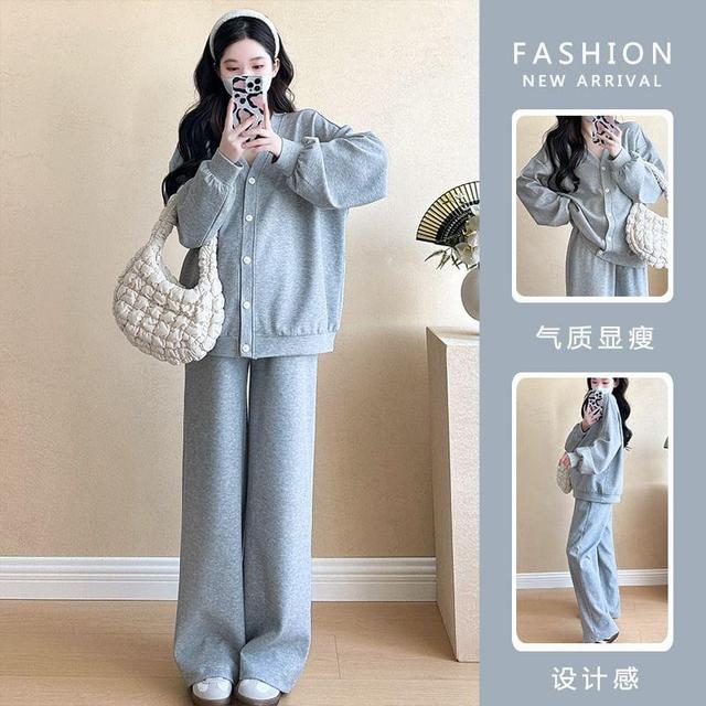 Maternity Set: V-Neck Button-Up Cardigan + High Waist Straight Leg Pants Product Image