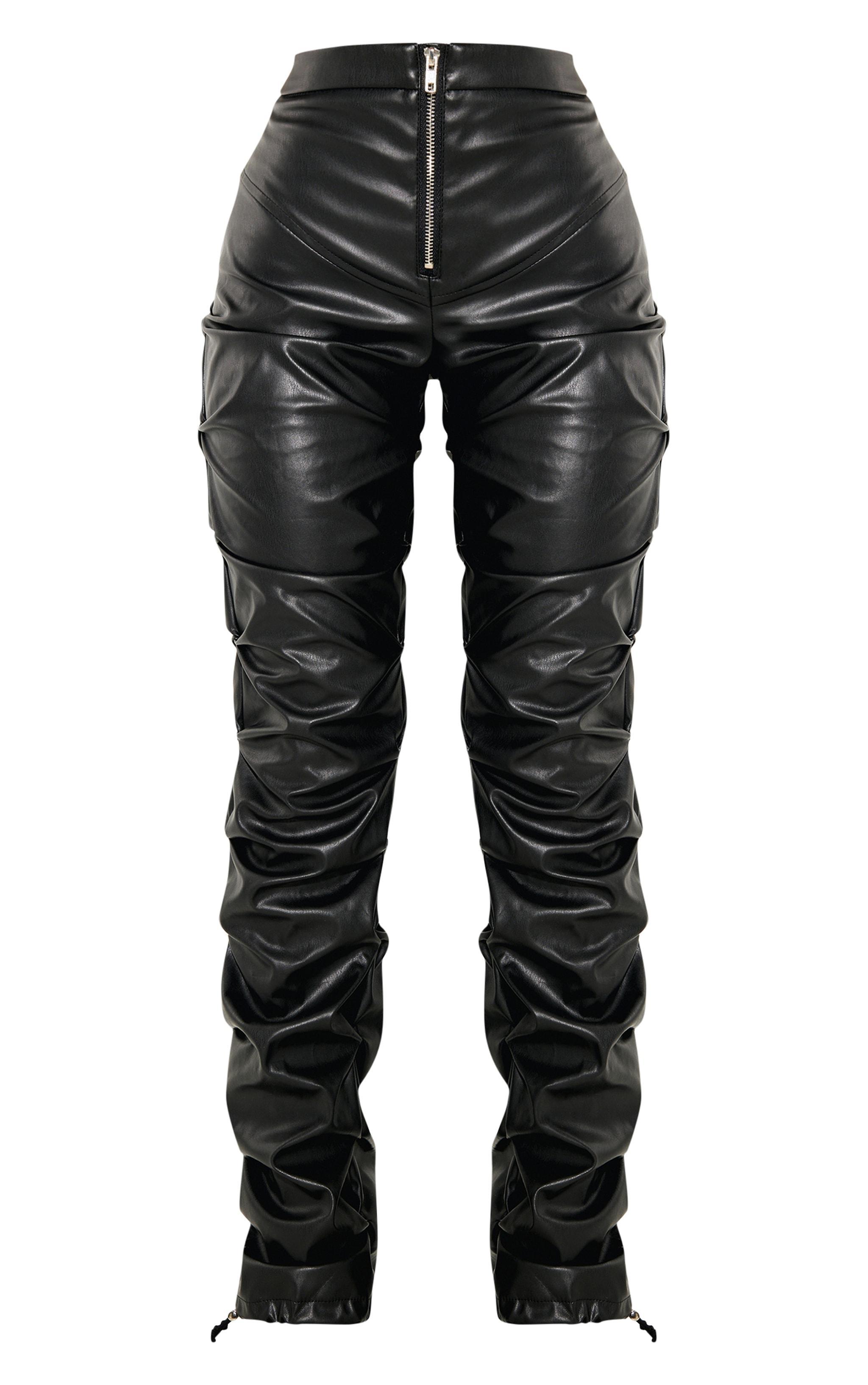 Petite Black Faux Leather Zip Front Ruched Detail Skinny Pants Product Image