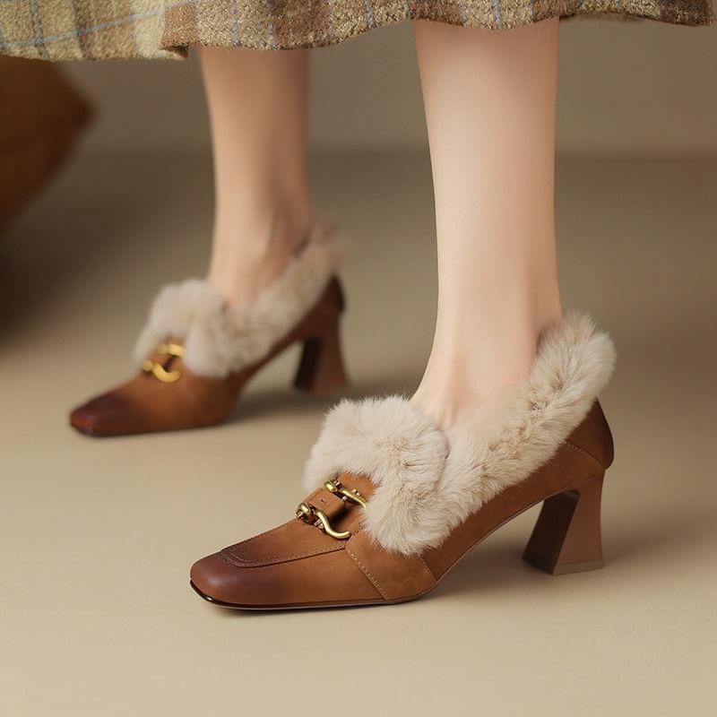 Square Toe Fluffy Trim Chunky Heel Loafers Product Image