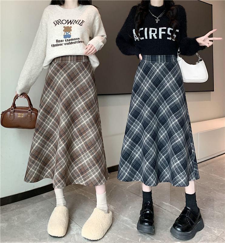 High Waist Plaid Midi A-Line Skirt Product Image