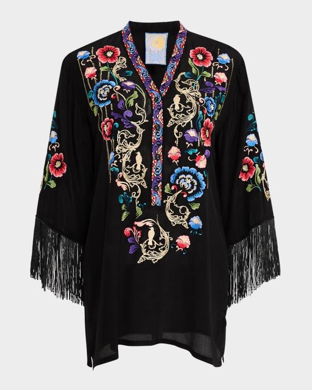 Bahia Embroidered Fringe-Trim Silk Tunic Product Image