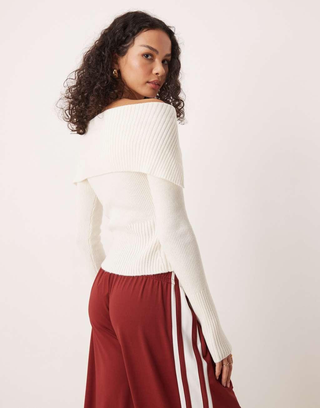 GINA TRICOT rib knit zip front cardigan with off the shoulder collar in cream Product Image