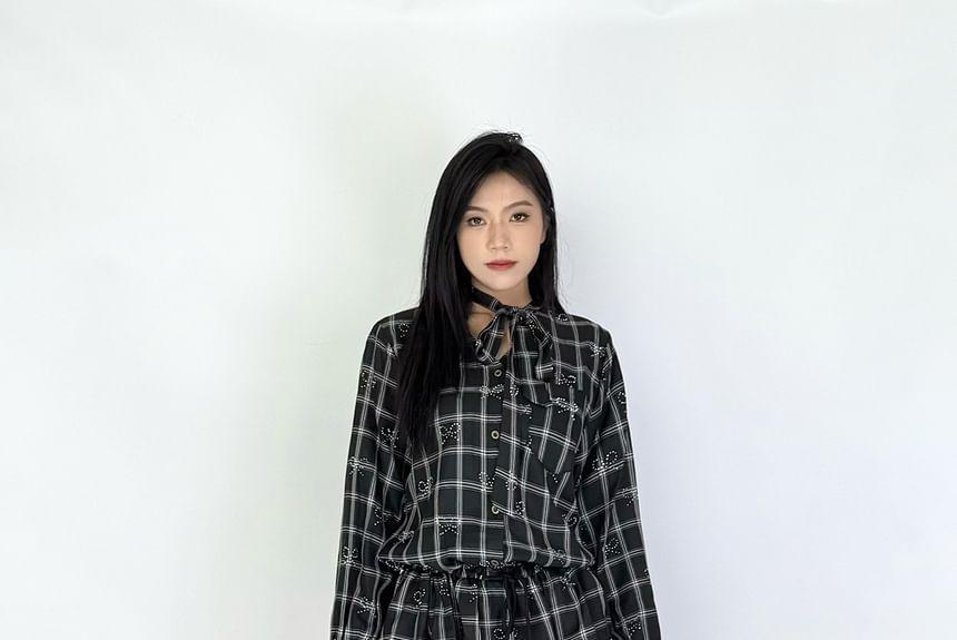 Long Sleeve V-Neck Plaid Bow Drawstring Mini A-Line Dress Product Image