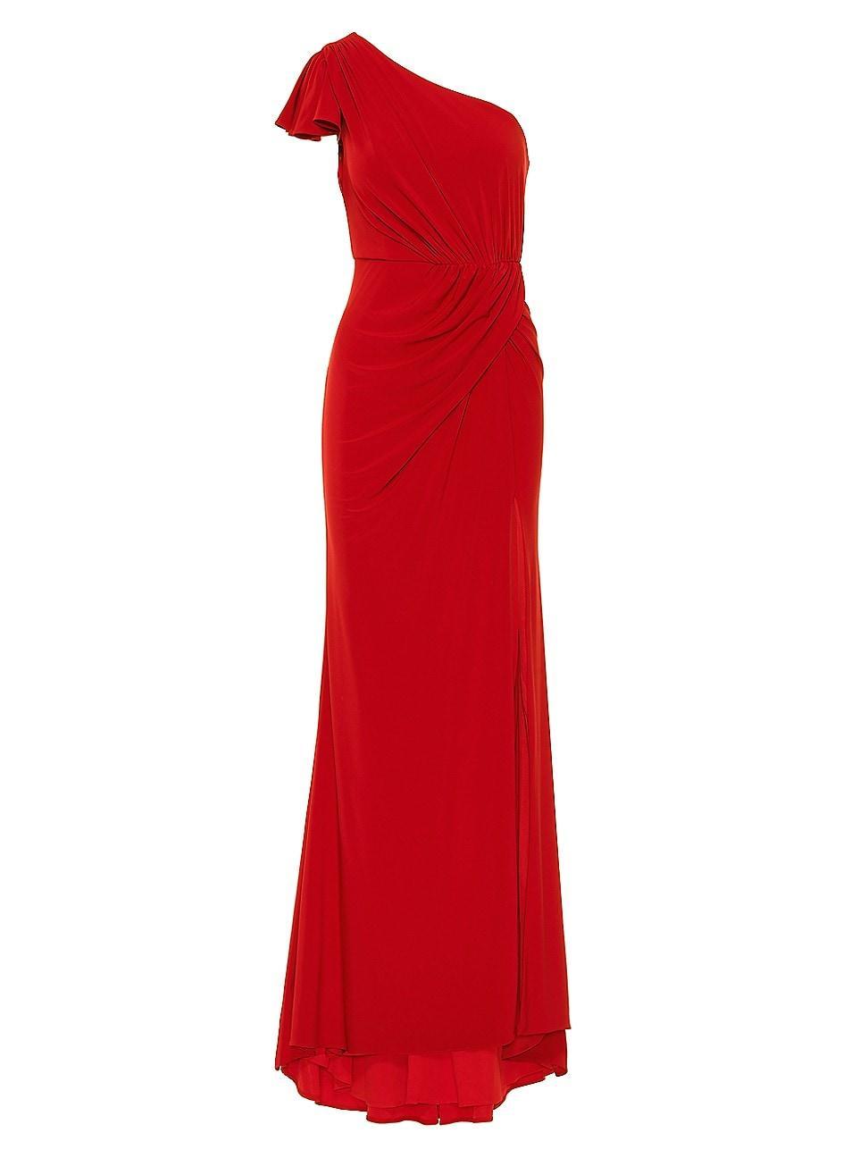 Womens Ruffled One Shoulder Draped Gown Product Image