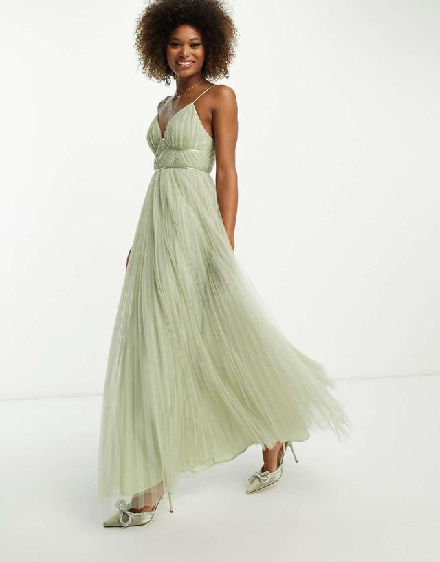 ASOS DESIGN Bridesmaid cami ruched bodice maxi dress with pleated skirt in sage Product Image