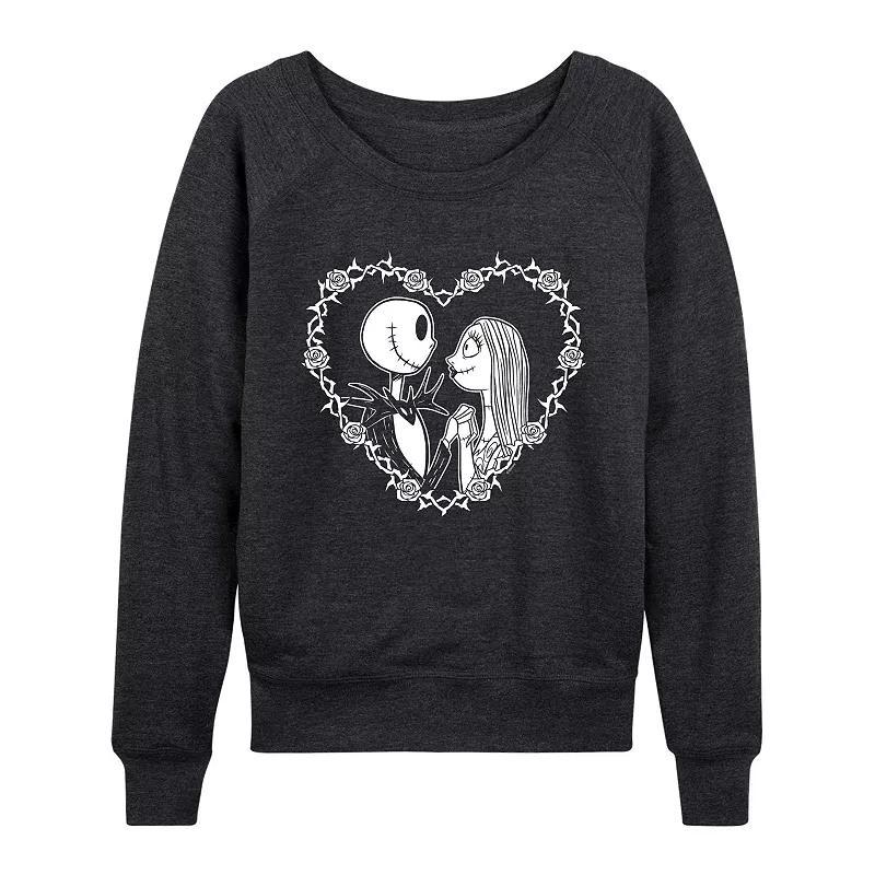 Disneys Nightmare Before Christmas Jack & Sally Womens Heart Lightweight French Terry Sweatshirt Heather Grey Product Image