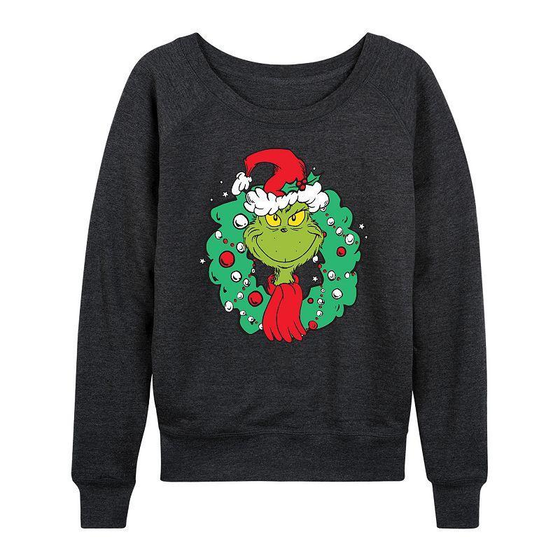 Womens Dr. Seuss The Grinch Wreath Lightweight French Terry Sweatshirt, Girls Heather Grey Product Image