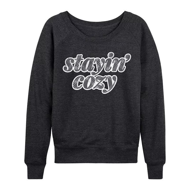 Womens Stayin Cozy Slouchy Graphic Sweatshirt, Girls Heather Grey Product Image