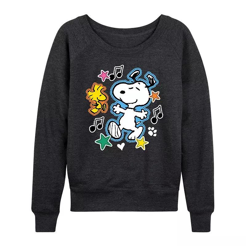 Womens Peanuts Snoopy & Woodstock Patches Lightweight French Terry Sweatshirt, Girls Heather Grey Gray Product Image