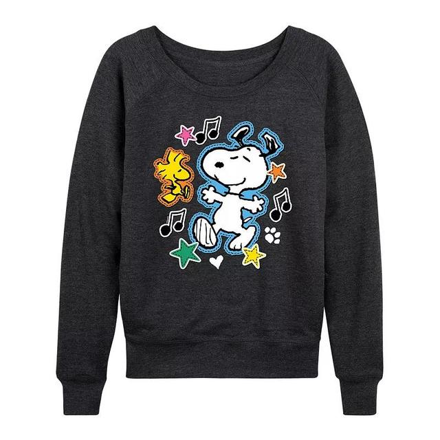 Womens Peanuts Snoopy & Woodstock Patches Slouchy Graphic Sweatshirt, Girls Heather Grey Gray Product Image