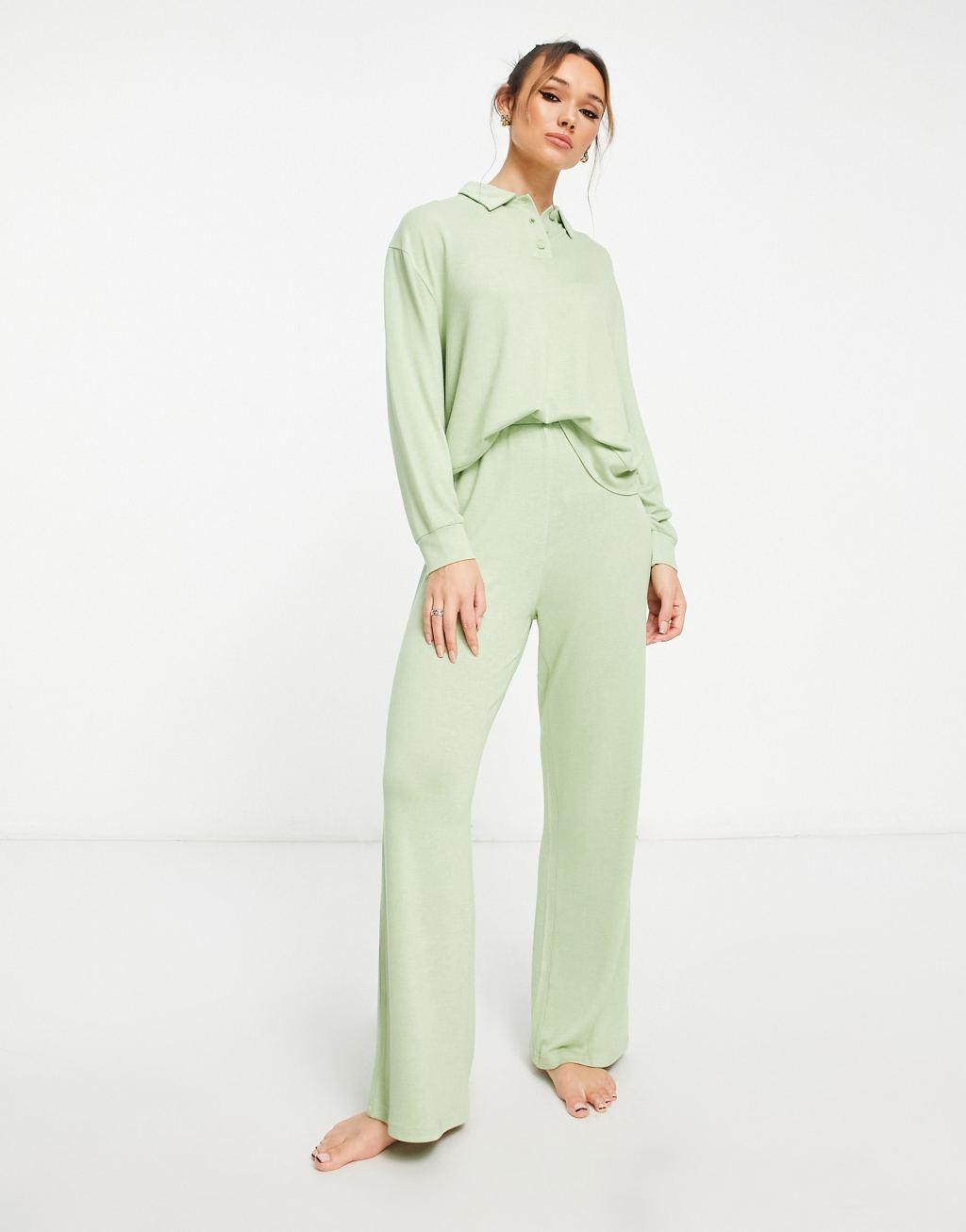 ASOS DESIGN lounge mix & match super soft wide leg pants in sage Product Image