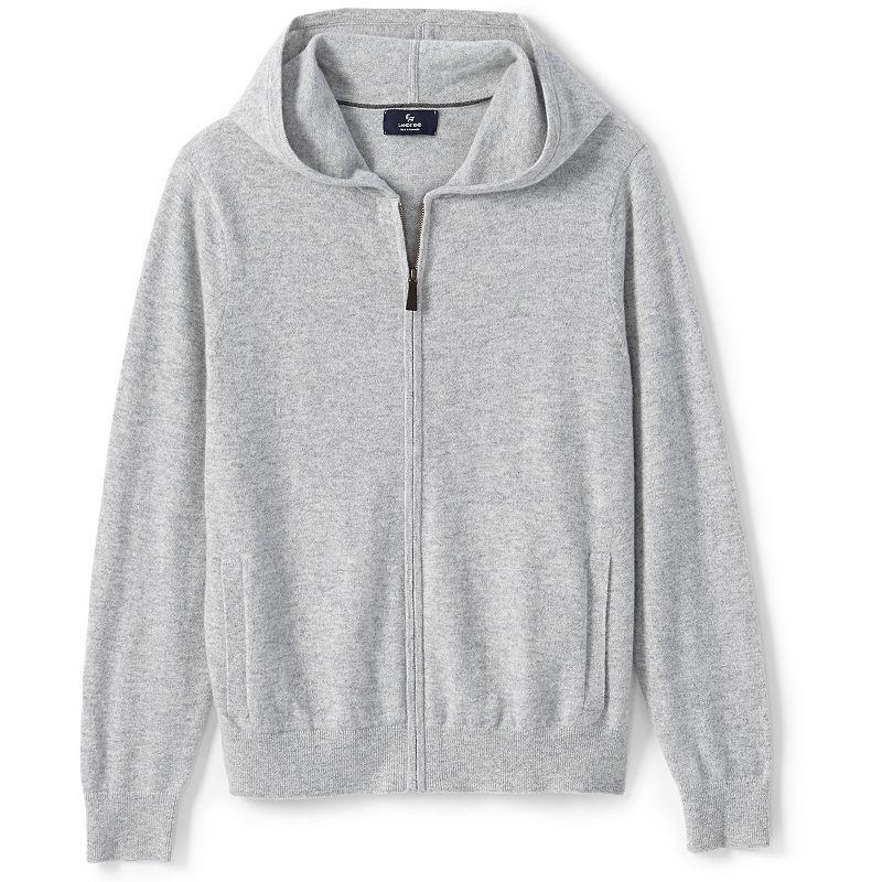 Mens Lands End Cashmere Full-Zip Sweater Hoodie Light Gray Grey Product Image