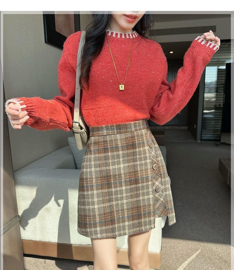 High Waist Plaid Asymmetrical Panel Mini A-Line Skirt Product Image