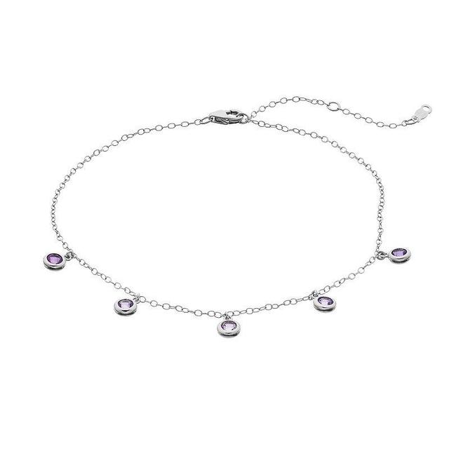 Sterling Silver Amethyst Station Anklet, Womens Product Image