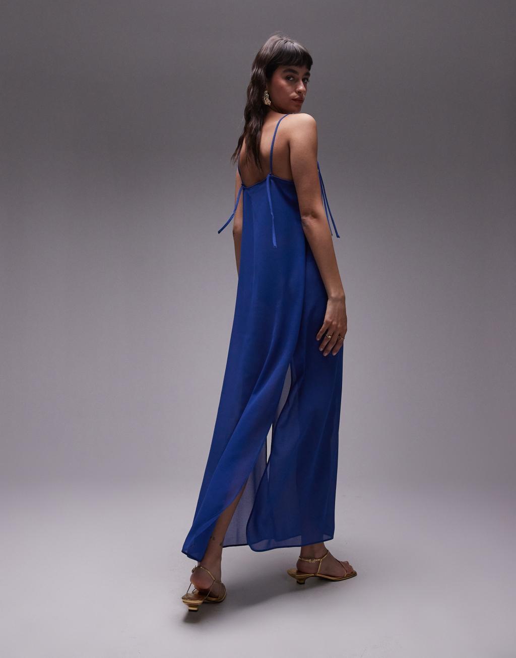 Topshop sheer midi dress with bow detail in blue Product Image