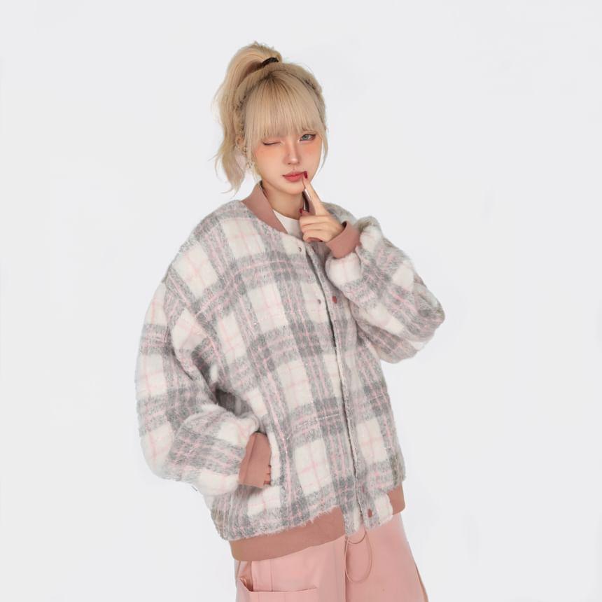 Plaid Zip-Up Bomber Jacket Product Image