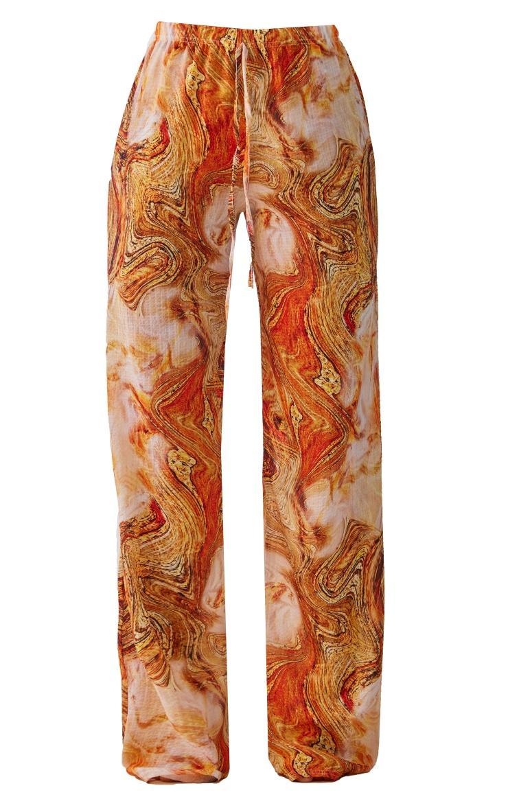 Orange Marble Print Crinkle Textured Wide Leg Beach Pants Product Image