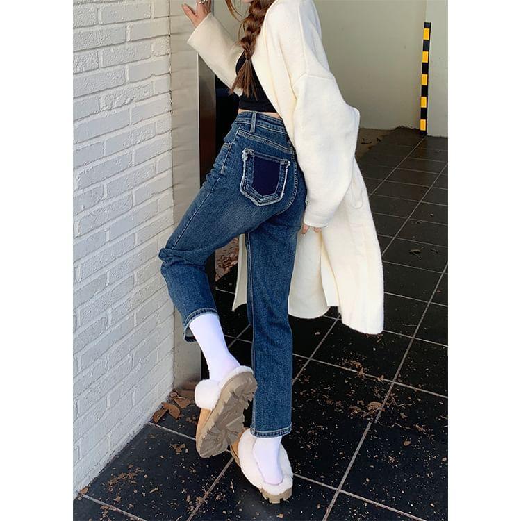 High Waist Washed Frayed Cropped Straight Leg Jeans Product Image