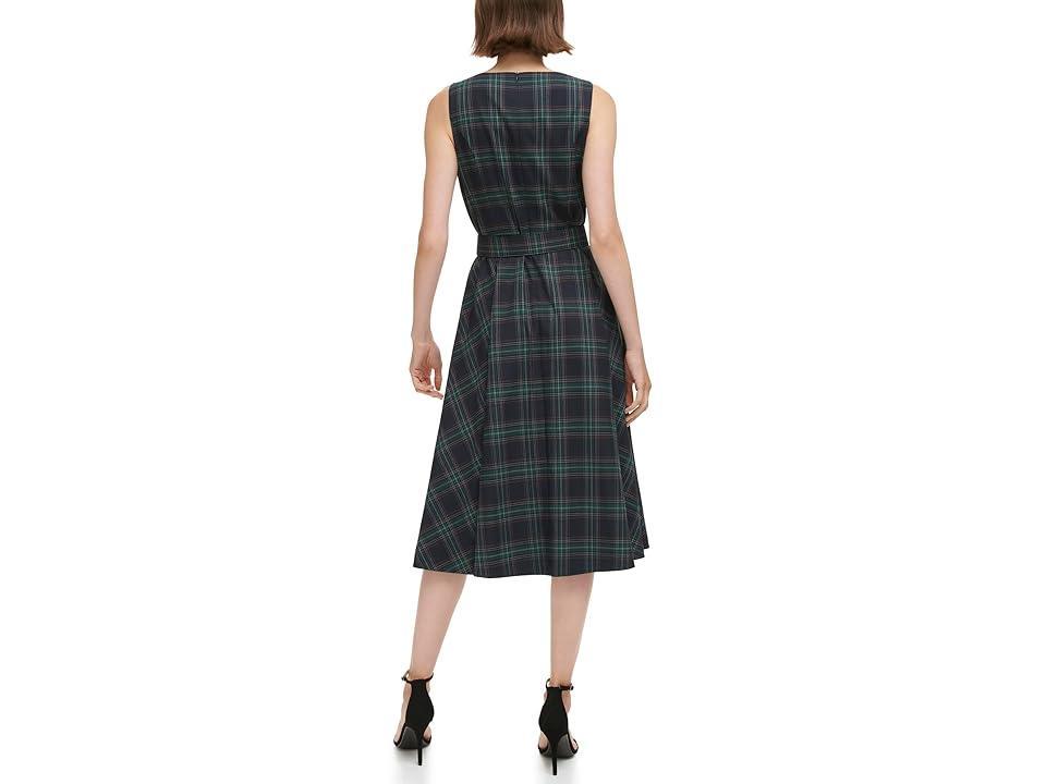 Vince Camuto Plaid Cowl Neck Fit-and-Flare Belted Midi Dress (Navy Multi) Women's Clothing Product Image