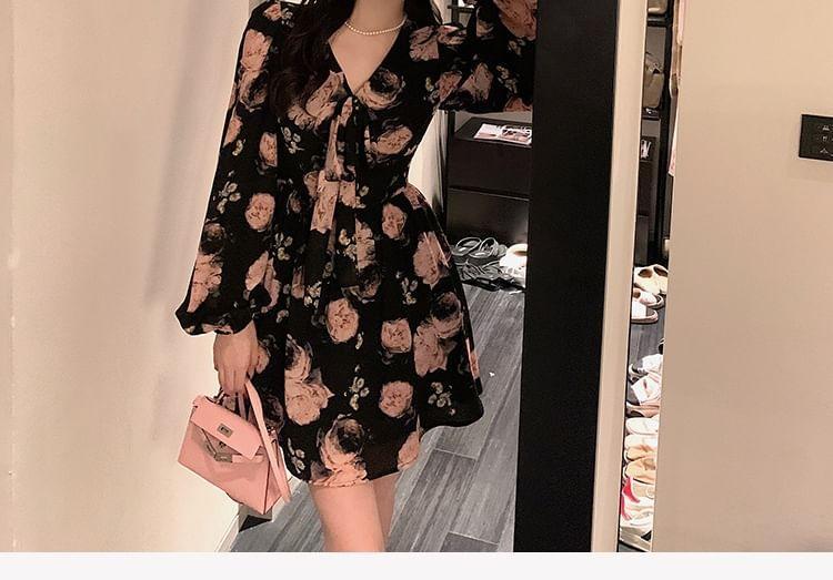 Long Sleeve V-Neck Floral Mini A-Line Dress Product Image