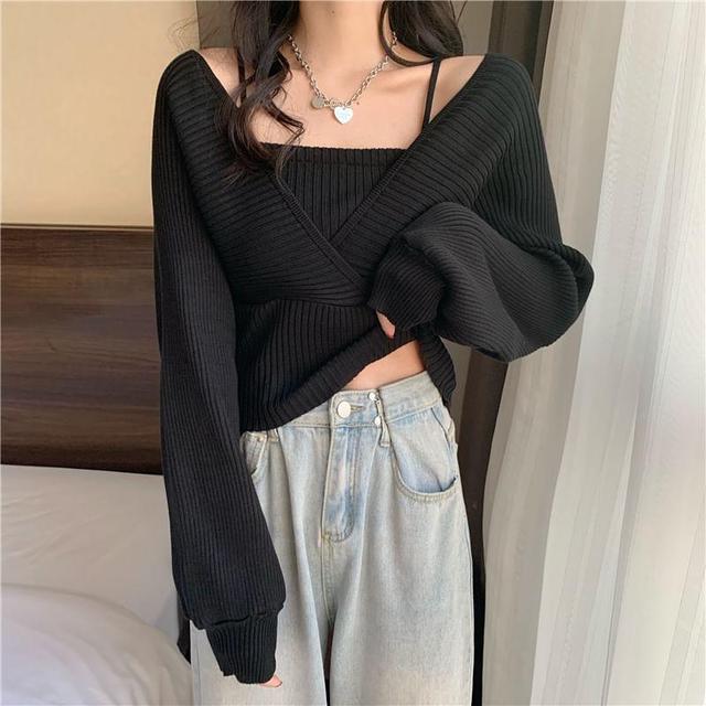 Long-Sleeve Mock Two-Piece Ribbed Knit Top Product Image