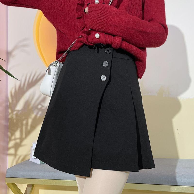 High Waist Plain Asymmetrical Pleated Button Front Skort Product Image