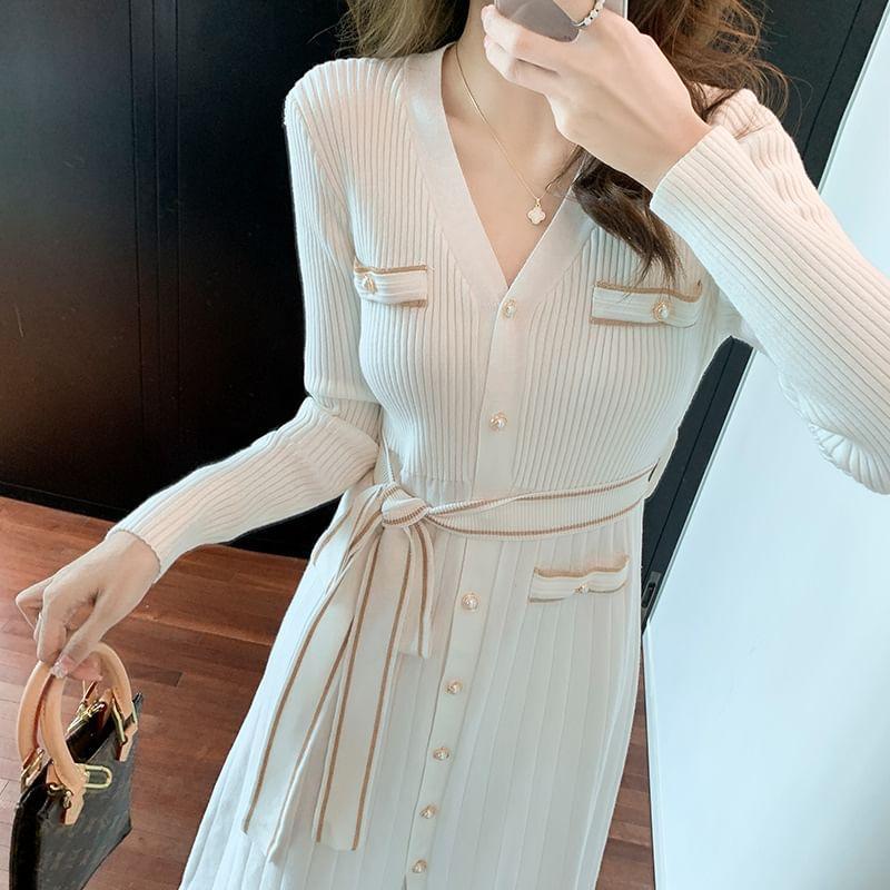 Long-Sleeve V-Neck Contrast Trim Button Ribbed Midi A-Line Knit Dress Product Image