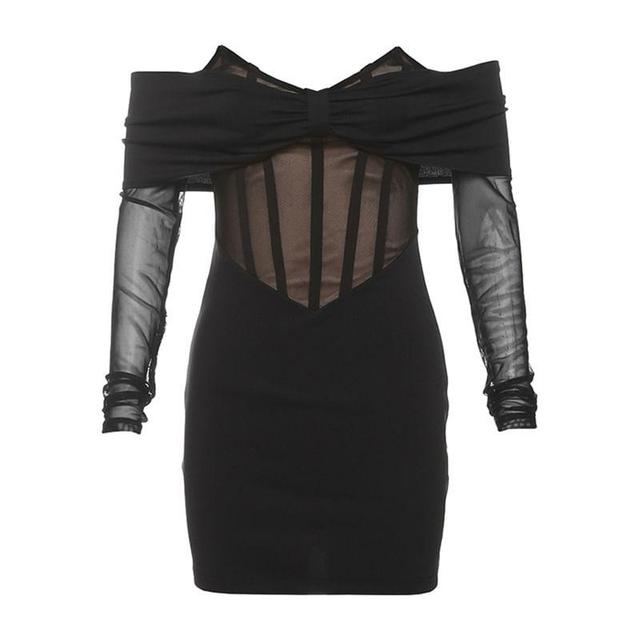 Long Sleeve Off-Shoulder Bow Accent Plain Mesh Panel Mini Bodycon Dress Product Image