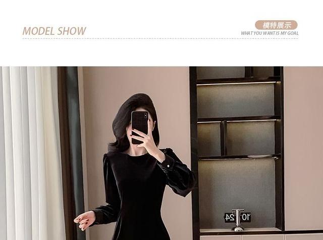 Long-Sleeve Crewneck Mesh Panel Velvet Maxi A-Line Dress Product Image