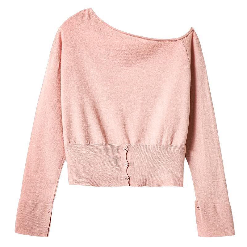 Long-Sleeve Asymmetrical Neck Button Hem Knit Top Product Image